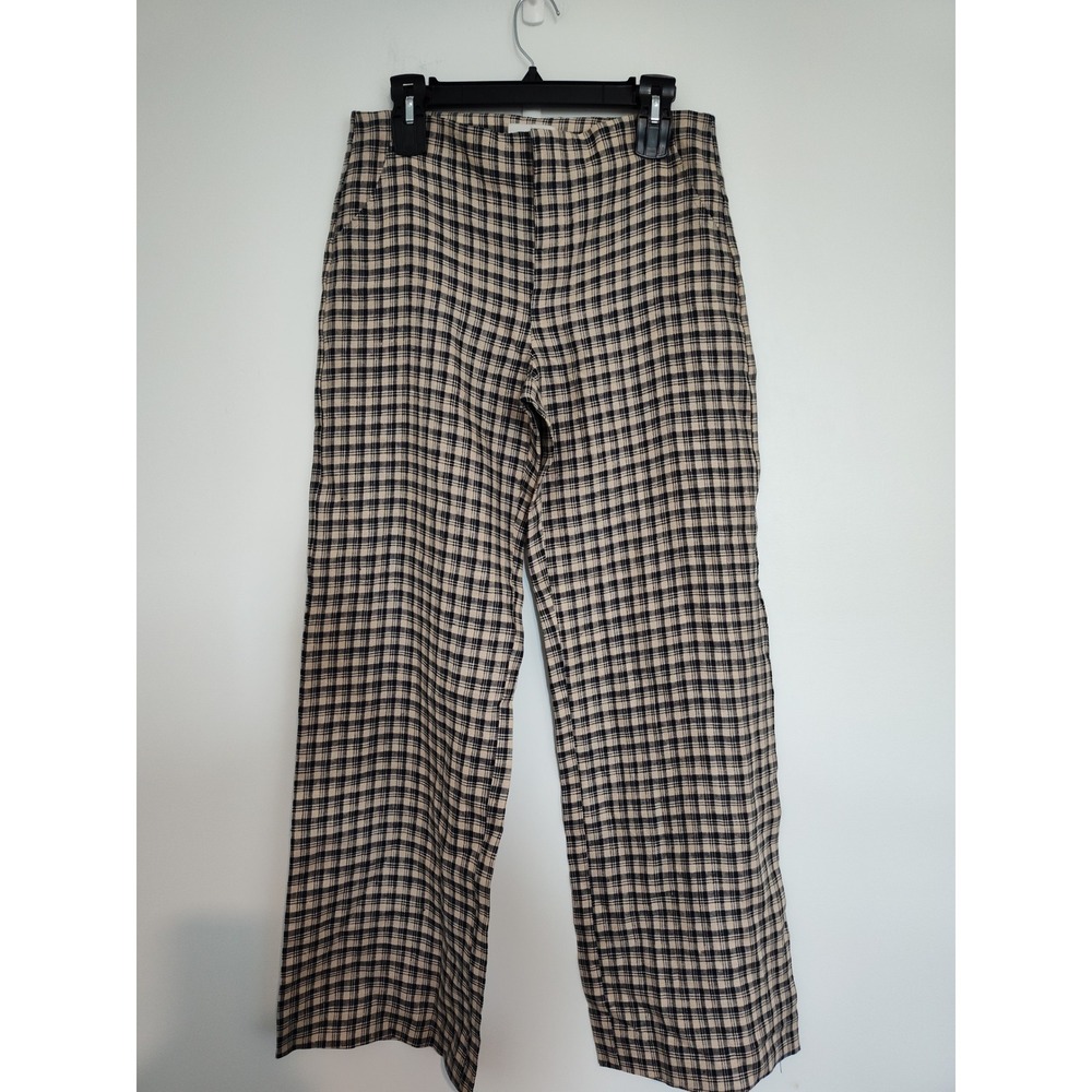 Reformation Vida Linen Low Rise Pant Beacon Check Plaid Navy Cream 6 NEW
